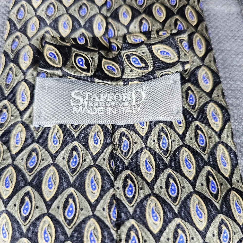 Stafford Executive Mens Silk Tie Made in Italy Gold Black Blue Geometric Paisley